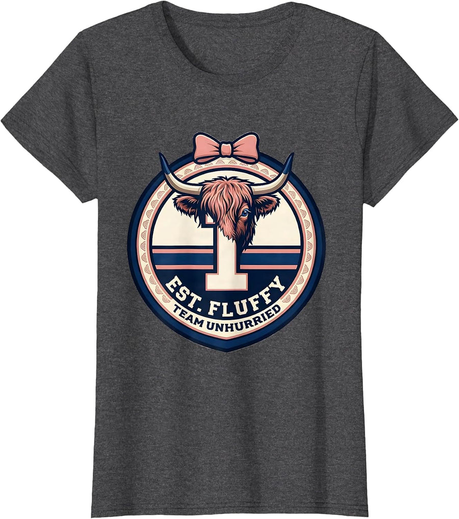 Women's Est. Fluffy Team Unhurried Funny Highland Cow Sassy Humor T-Shirt - Dark Heather Grey