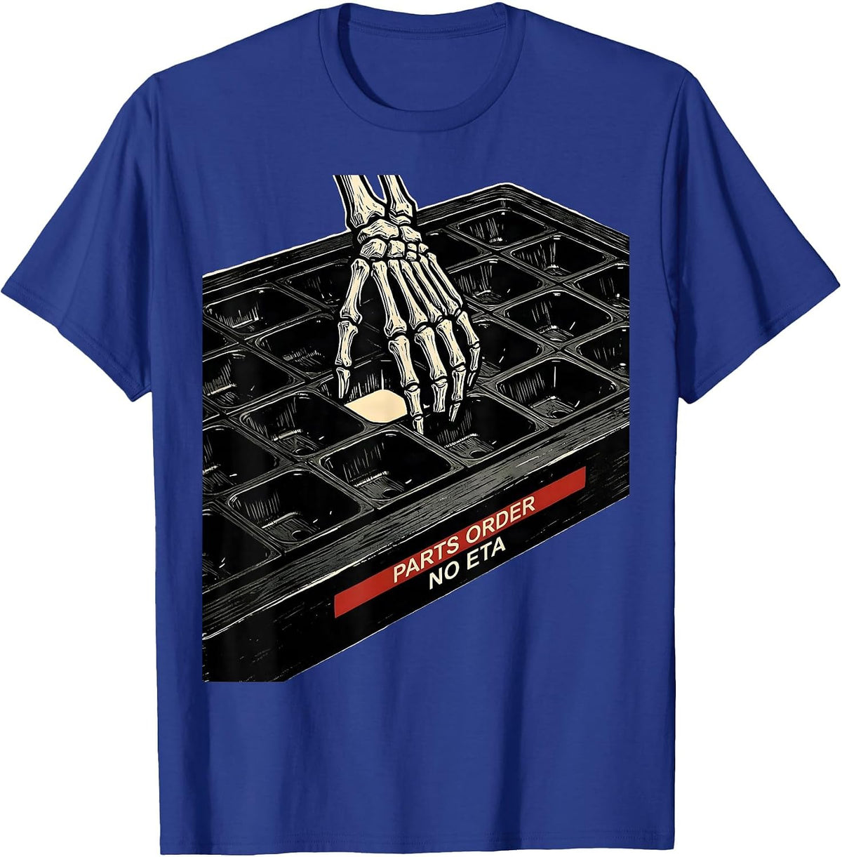 Men's Parts Order No ETA Funny Mechanic Skeleton Auto Repair T-Shirt - Royal Blue