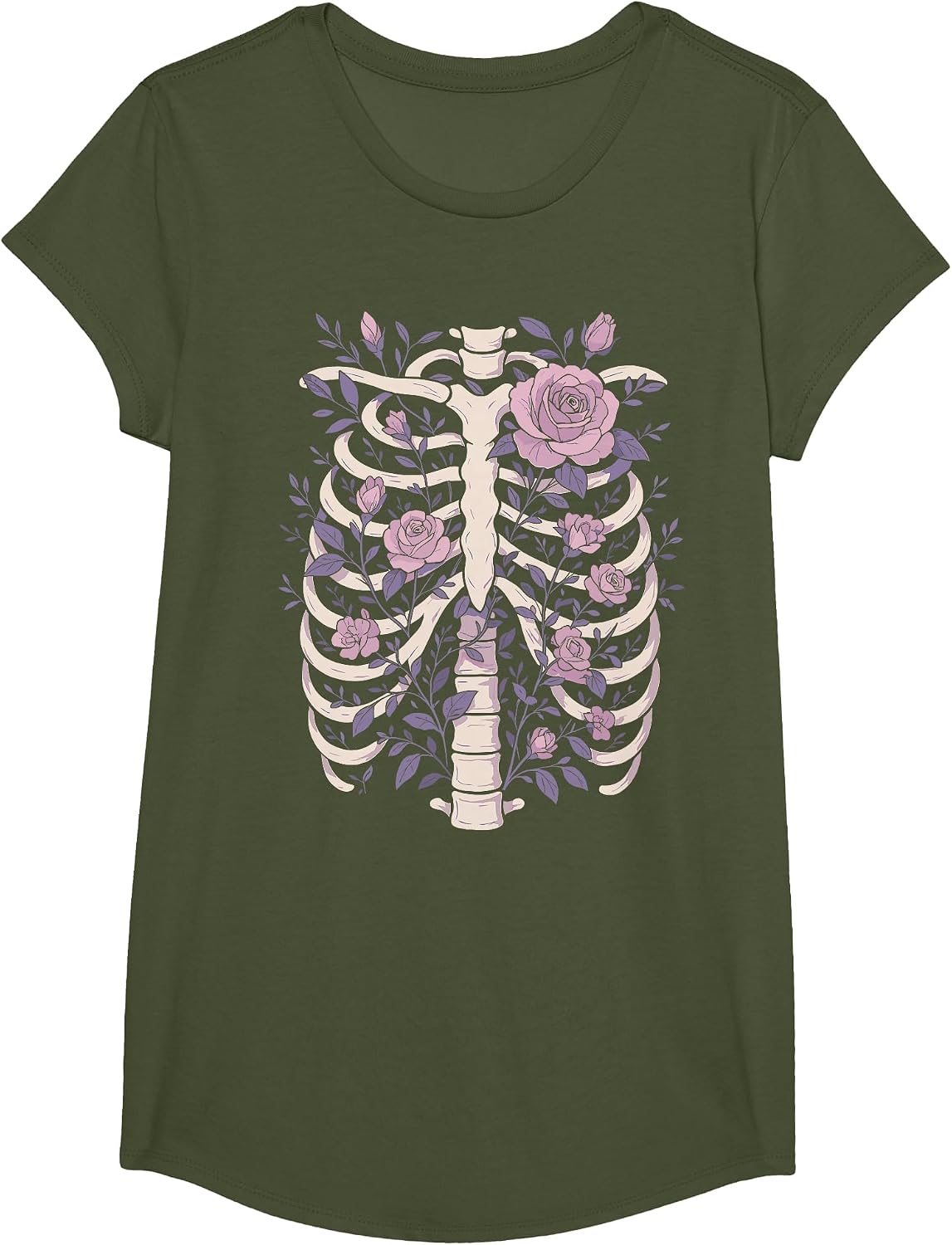 Skeleton Ribcage Flowers Pastel Goth Halloween Costume T-Shirt - Girls Olive Green