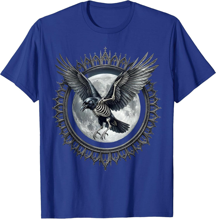 Crow Skeleton Full Moon Flight Gothic Art T-Shirt - Royal Blue