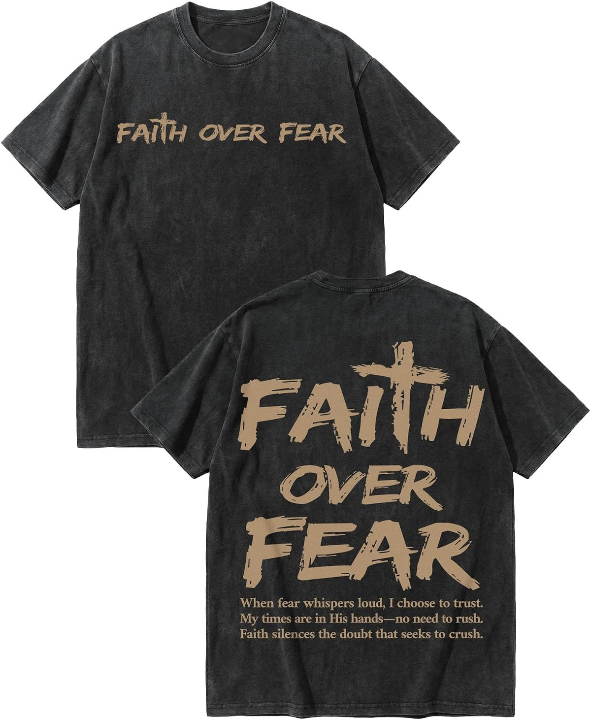 Christian Faith Over Fear Shirt for Men, Jesus Religious Vintage Washed Cotton Graphic Tee with Psalm 118:6 Back Print -