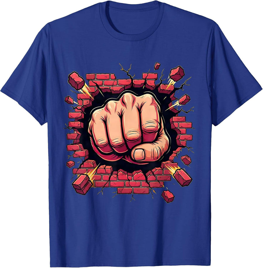 Punk Rock Fist Bursting Through Brick Wall T-Shirt - Royal Blue
