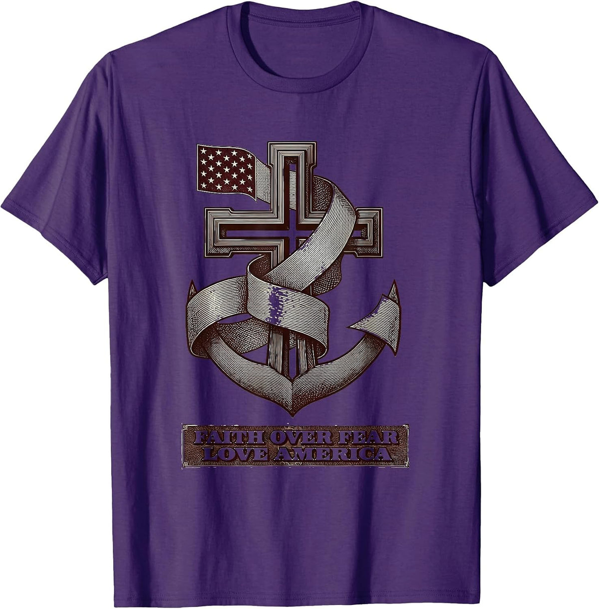 Faith Over Fear Love America Patriotic Christian Cross T-Shirt - Purple