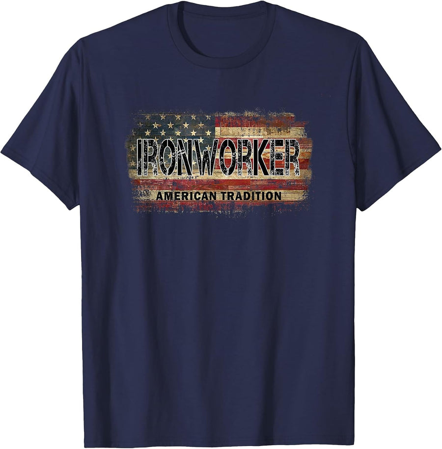 American Flag Vintage Ironworker T-Shirt - Navy Blue