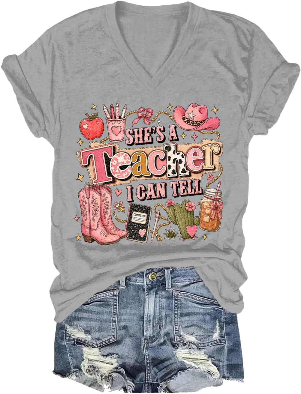 She's A Teacher I Can Tell Shirt Men Women Graphic Short Sleeve T-Shirt Tee - V-Neck Grey1