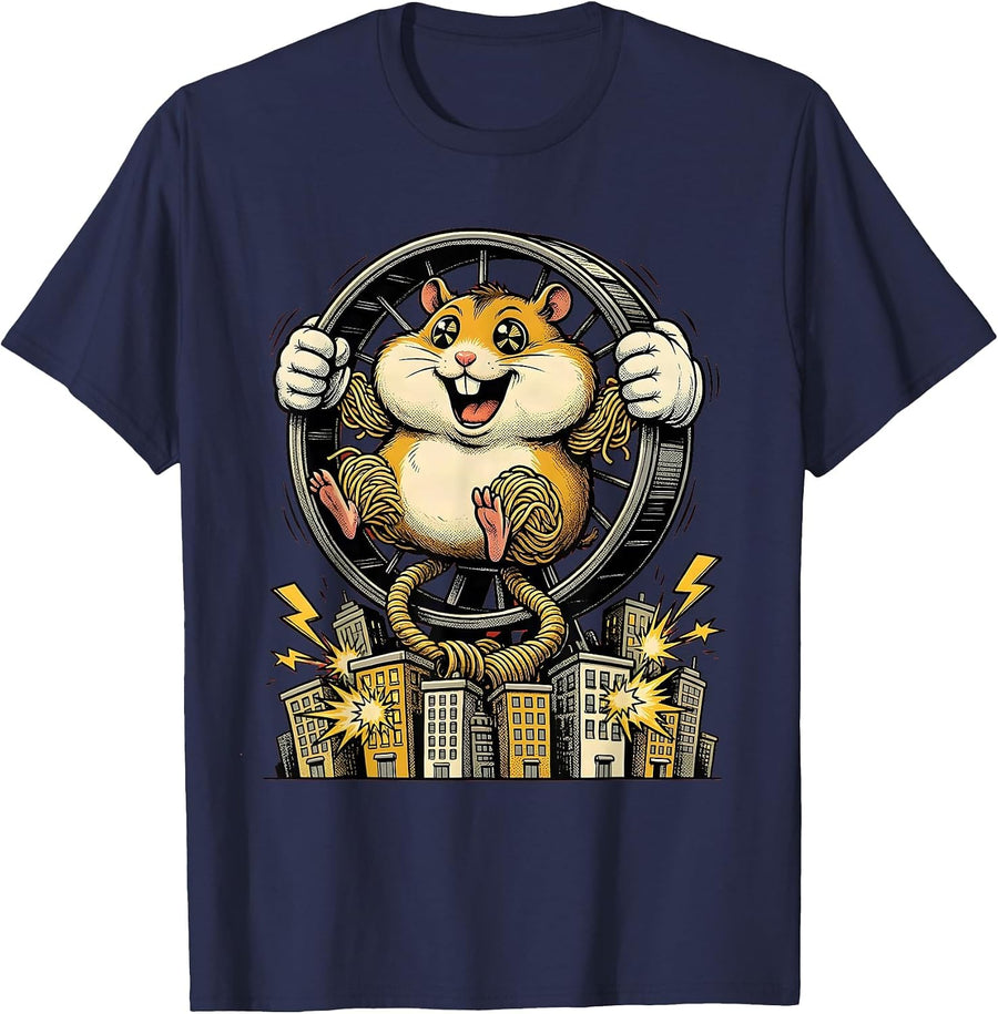 Hamster Wheel City Power Funny Illustration T-Shirt - Navy Blue