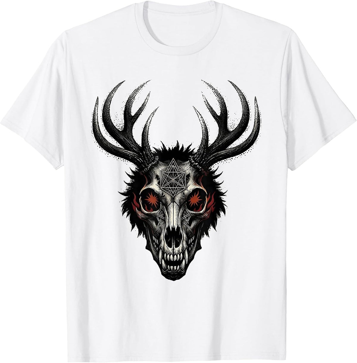 Men's Wolf Skull Antlers Death Metal Burning Eyes Design T-Shirt - White