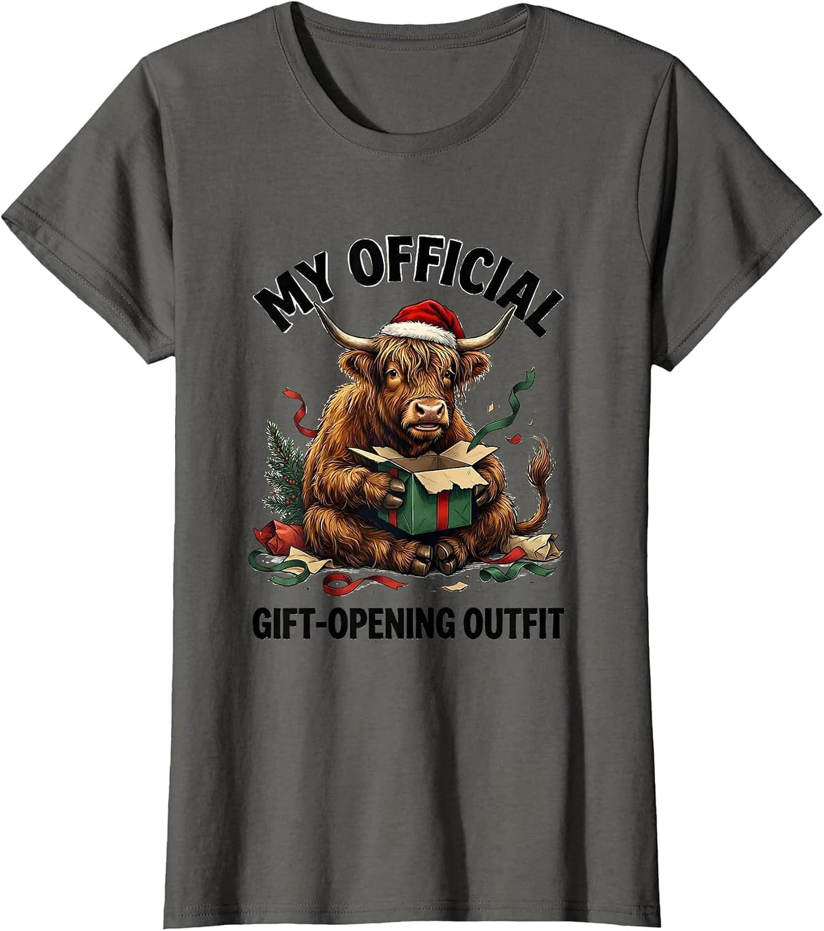 Women's My Official Gift-Opening Outfit Funny Highland Cow Christmas T-Shirt - Asphalt Grey