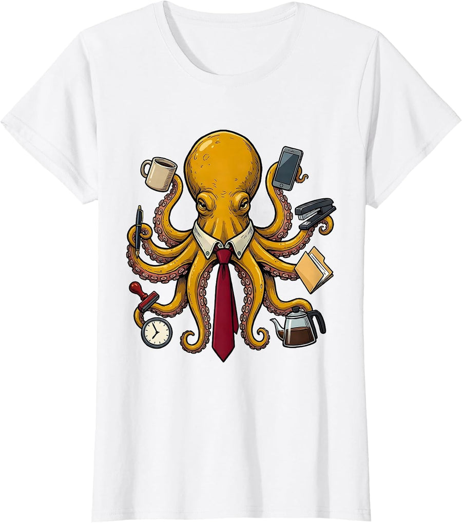 Women's Office Octopus Domed Mantle Marker Outline Vintage T-Shirt - White