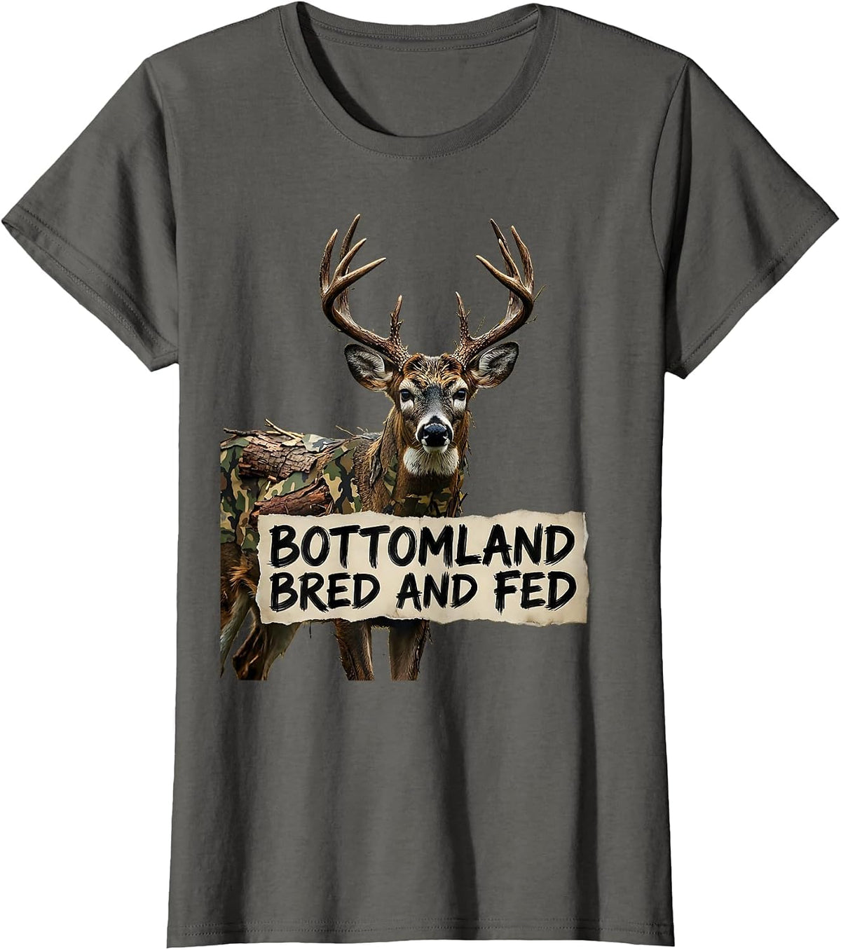 Women's Bottomland Bred and Fed Camo Hunting Design T-Shirt - Asphalt Grey