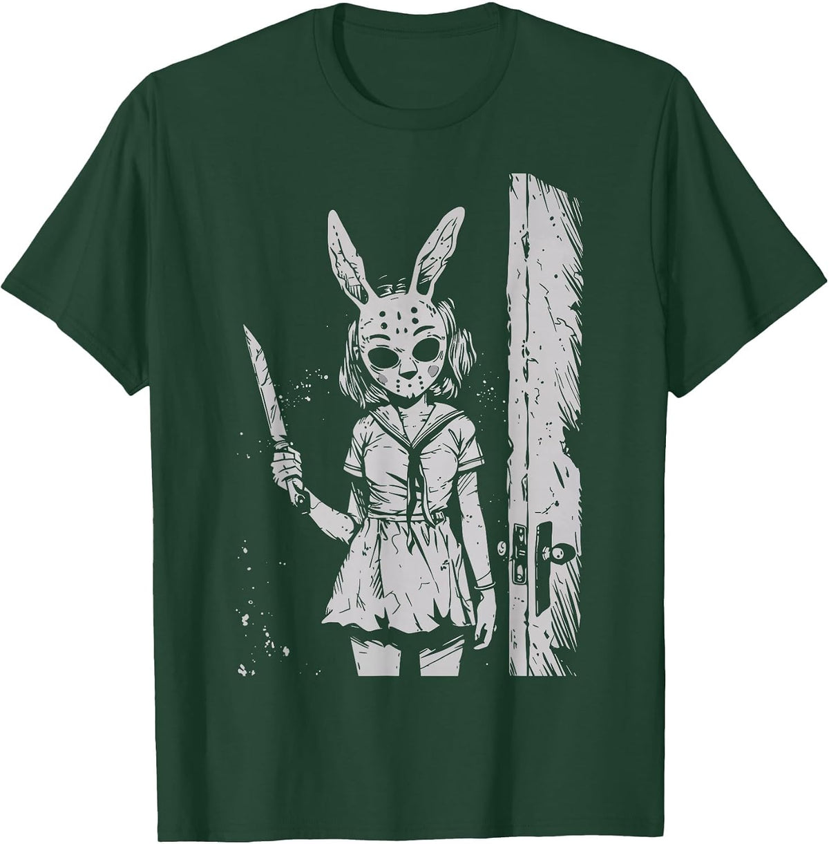 Horror Bunny Mask Girl Rabbit Alt Goth Slasher Creepy Anime T-Shirt - Dark Green