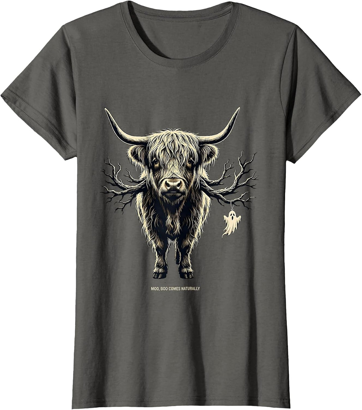 Women's Moo Boo Comes Naturally Funny Highland Cow Halloween Costume T-Shirt - Asphalt Grey