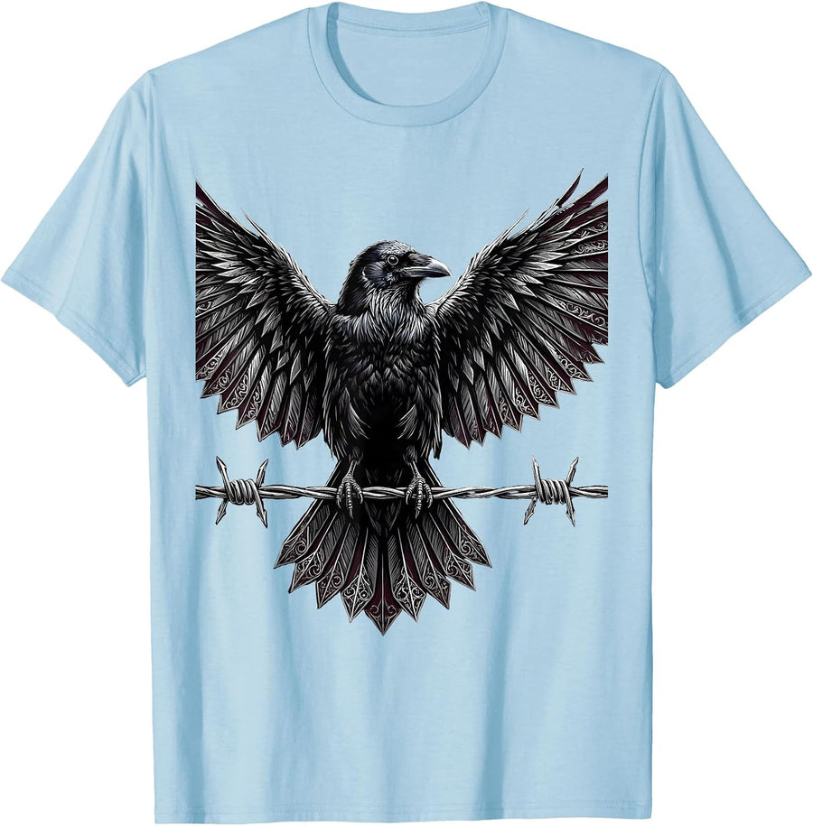 Men's Punk Crow on Barbed Wire Fence Illustration T-Shirt - Baby Blue