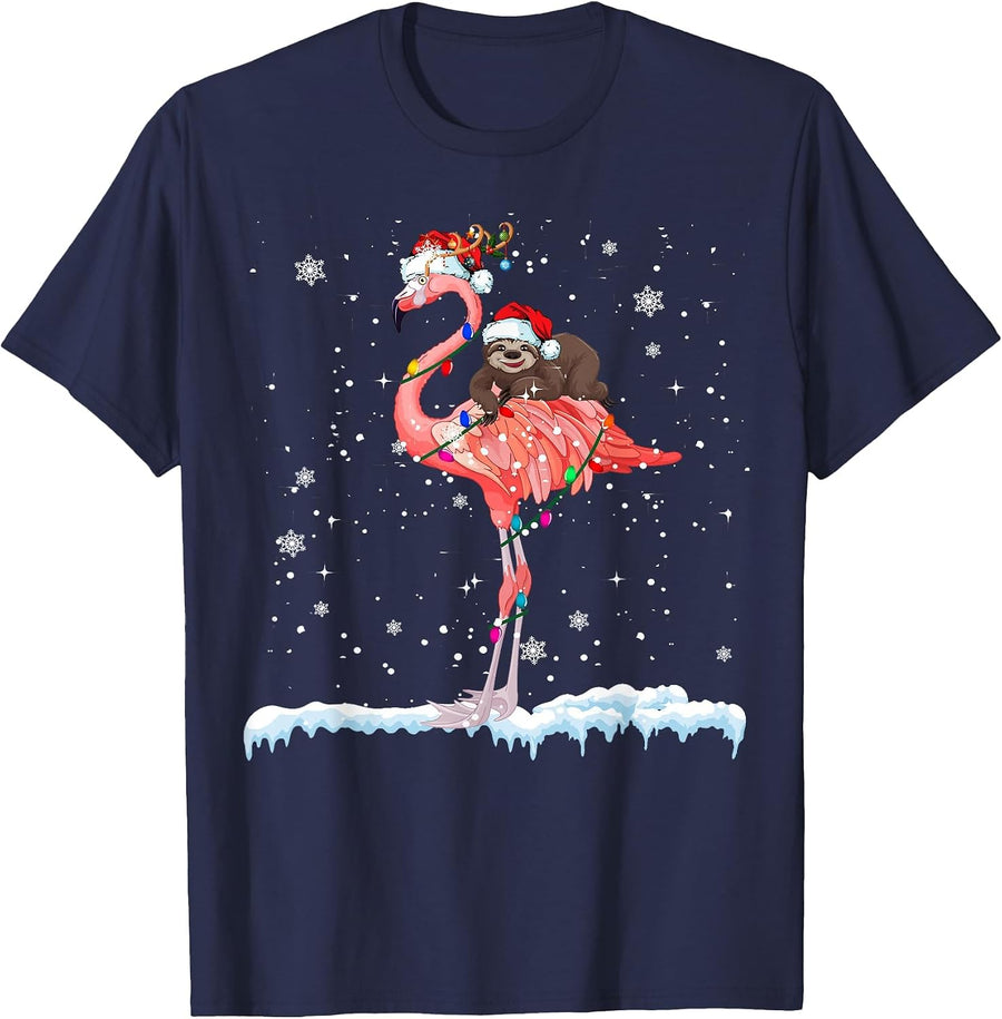 Santa Sloth Ridding Flamingo Reindeer Xmas Sloth Flamingo T-Shirt - Navy Blue