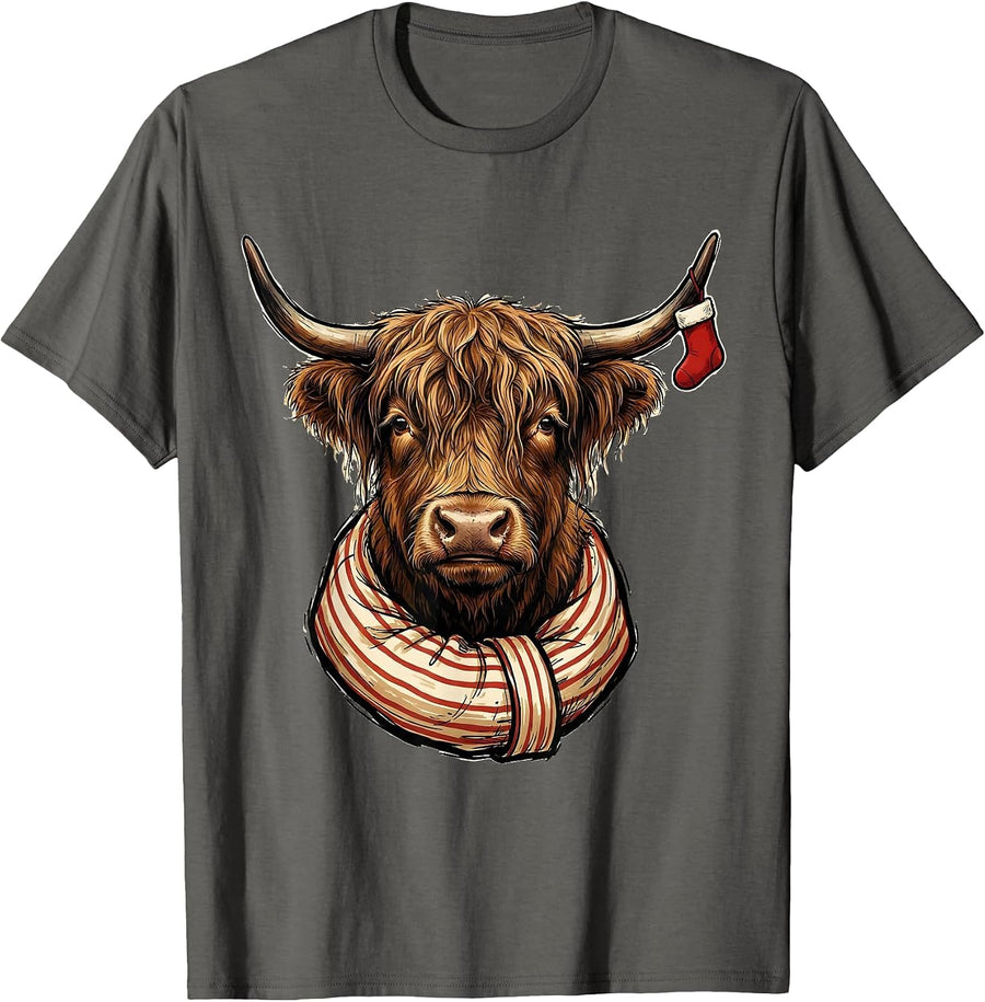 Shaggy Highland Cow Pajama Sleeve Holiday Humor T-Shirt - Asphalt Grey