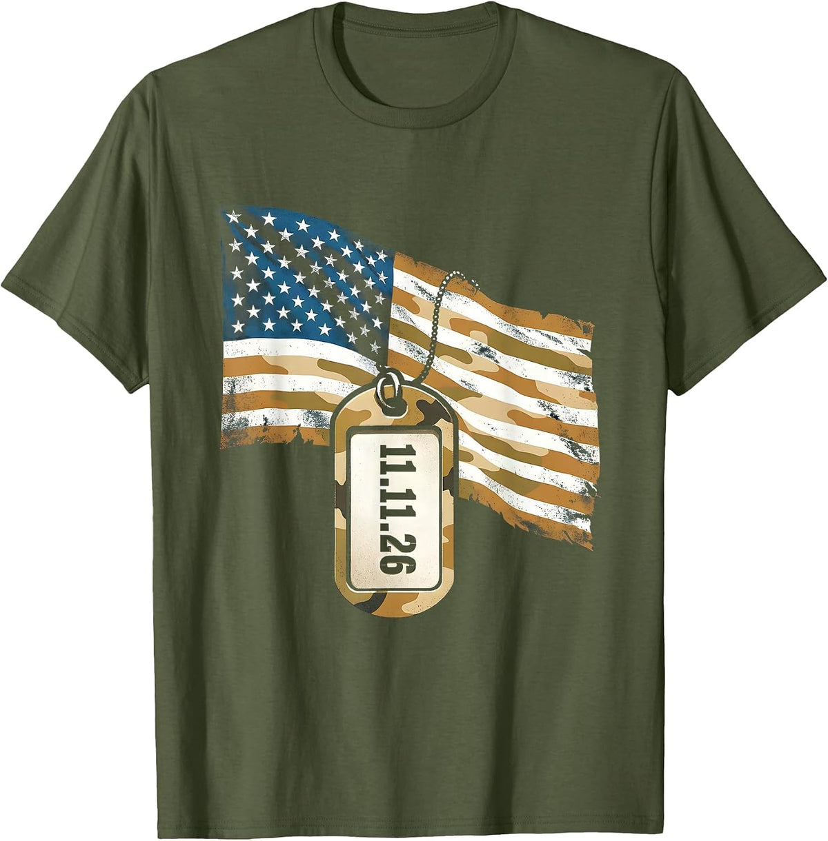 11.11.26 Distressed Patriotic Veteran Service Dog Tag T-Shirt - Olive Green