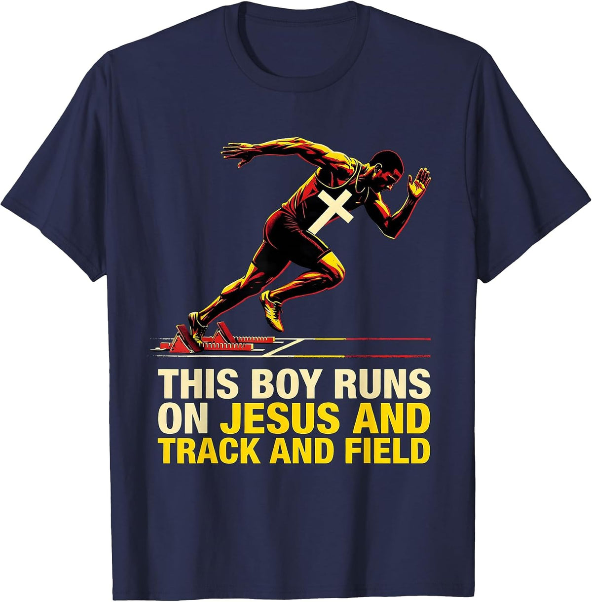This Boy Runs On Jesus And Track And Field Christian Gift T-Shirt - Navy Blue