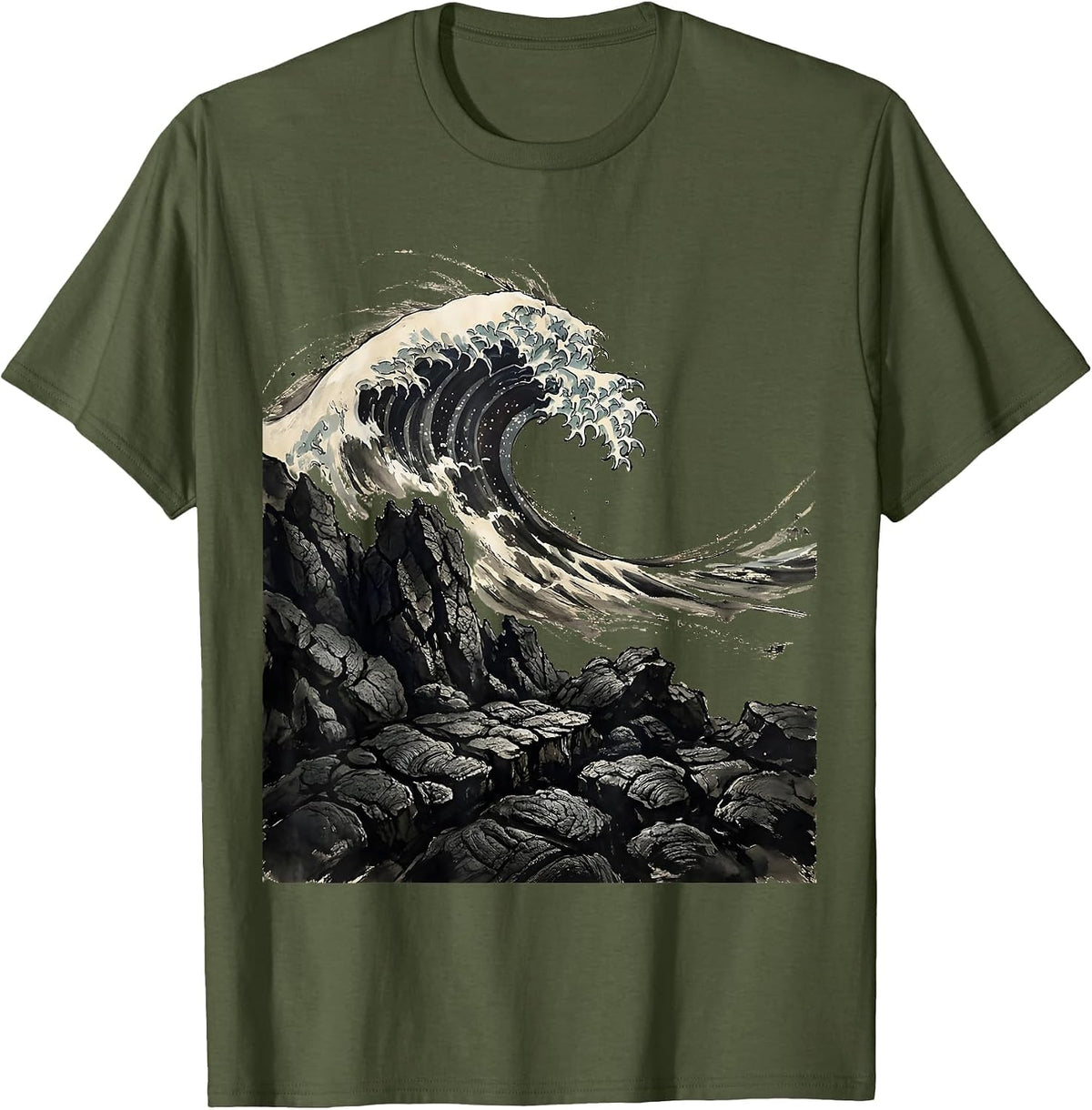 Maui Lava Rock Shoreline Crashing Surf T-Shirt - Olive Green