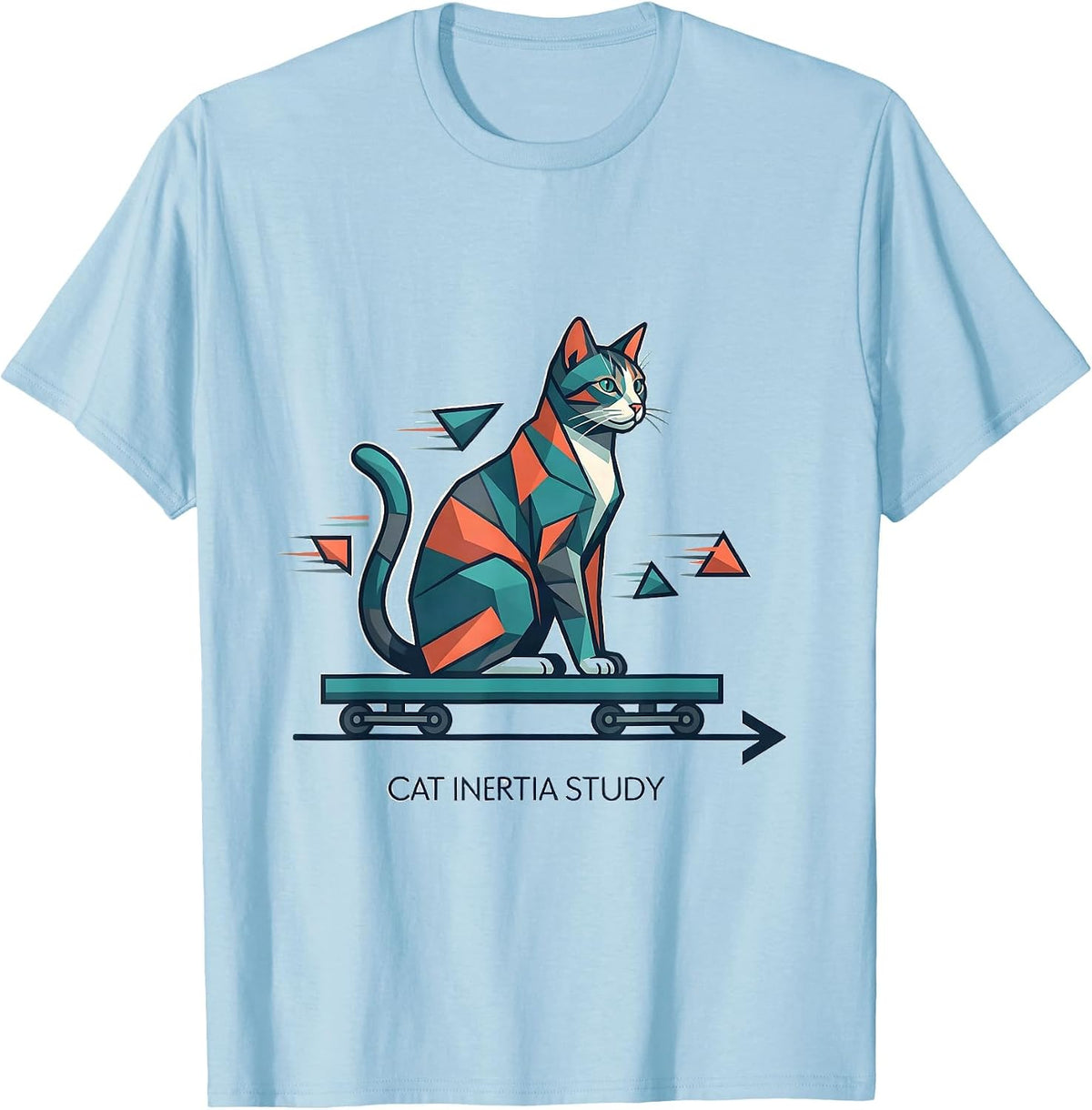 Cat Inertia Study Funny Science Cat Teacher Math Humor T-Shirt - Baby Blue