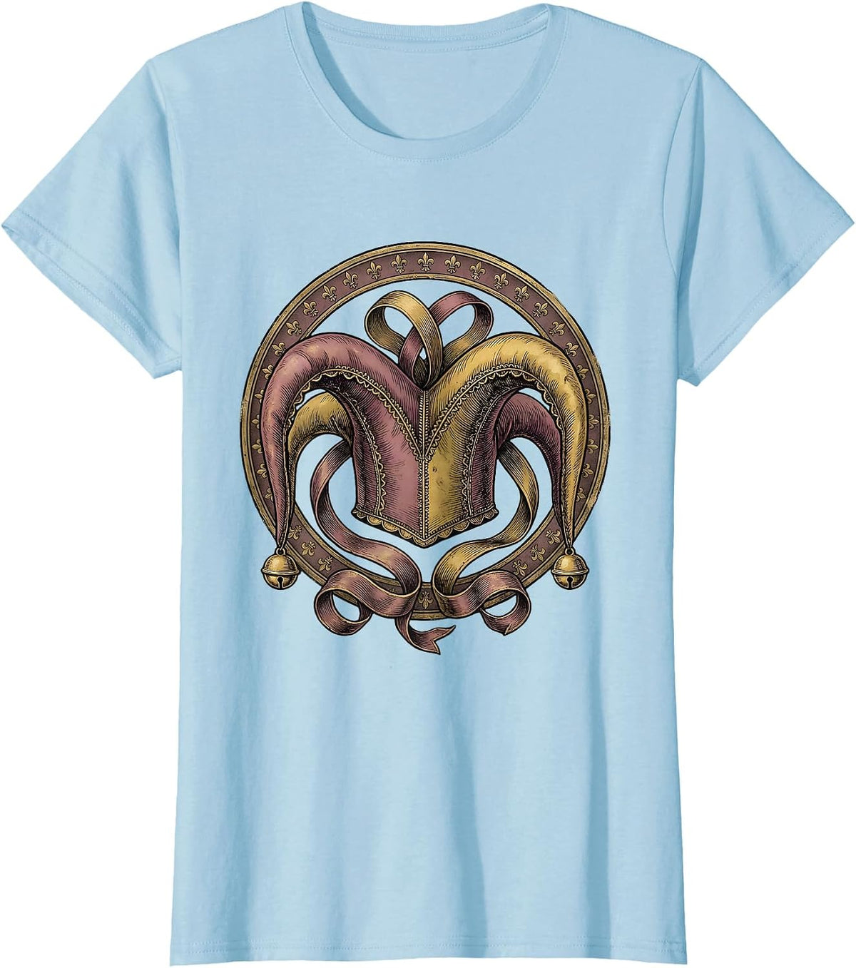 Women's Mardi Gras Jester Hat with Bells and Ribbons T-Shirt - Baby Blue