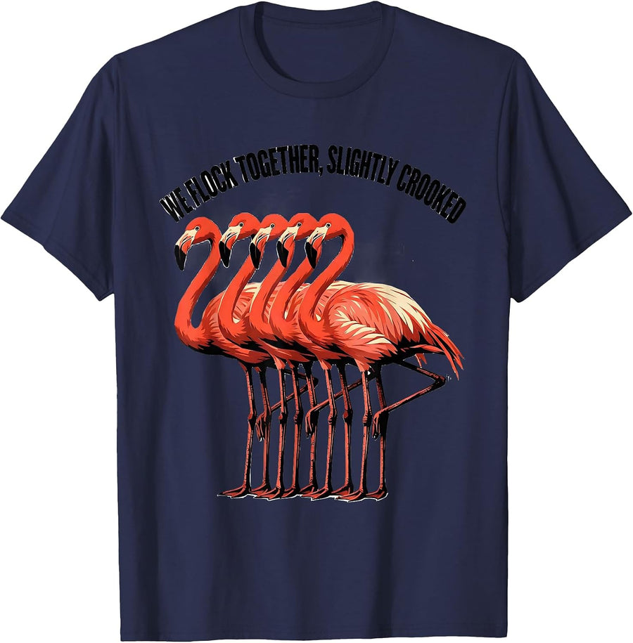 We Flock Together Slightly Crooked Funny Flamingo Novelty T-Shirt - Navy Blue
