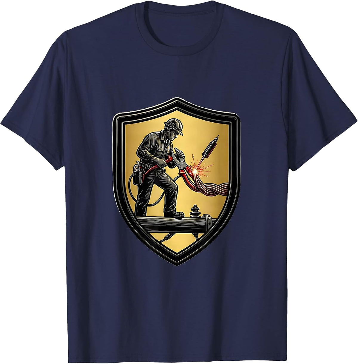 Sealed Lineman Shield Funny Electrician Trade Humor T-Shirt - Navy Blue