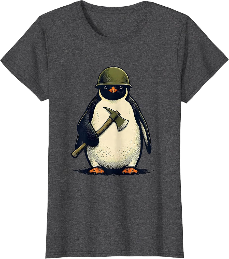 Women's Squat Penguin Tactical Funny Bird Meme T-Shirt - Dark Heather Grey
