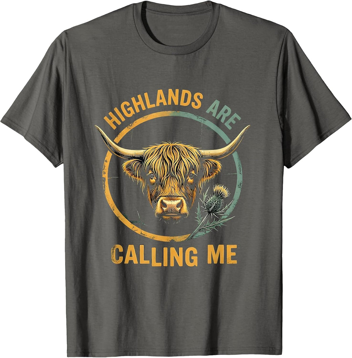 Men's Highlands Are Calling Me Highland Cow Design T-Shirt - Asphalt Grey