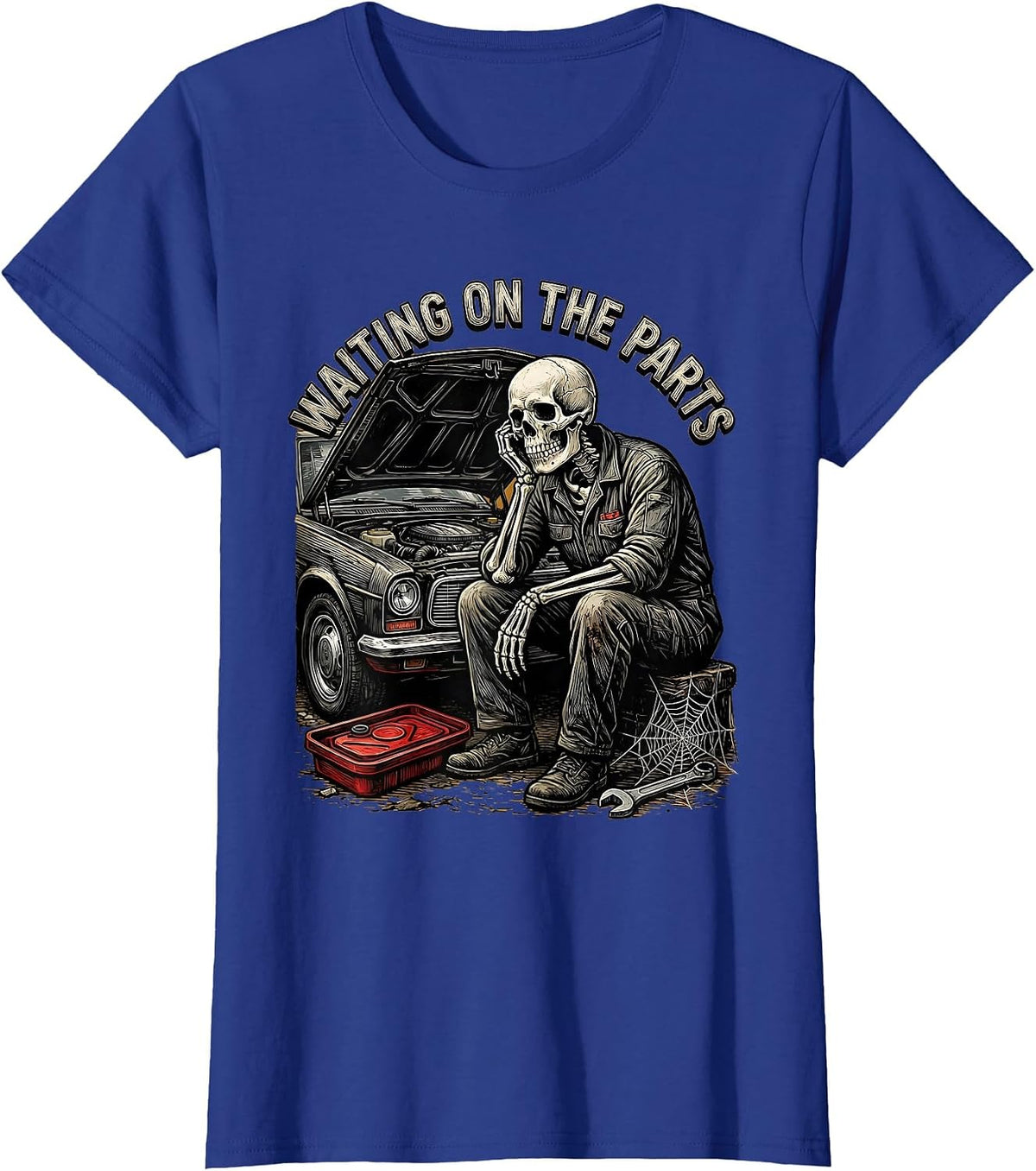 Women's Waiting On The Parts Funny Mechanic Skeleton Auto Repair T-Shirt - Royal Blue