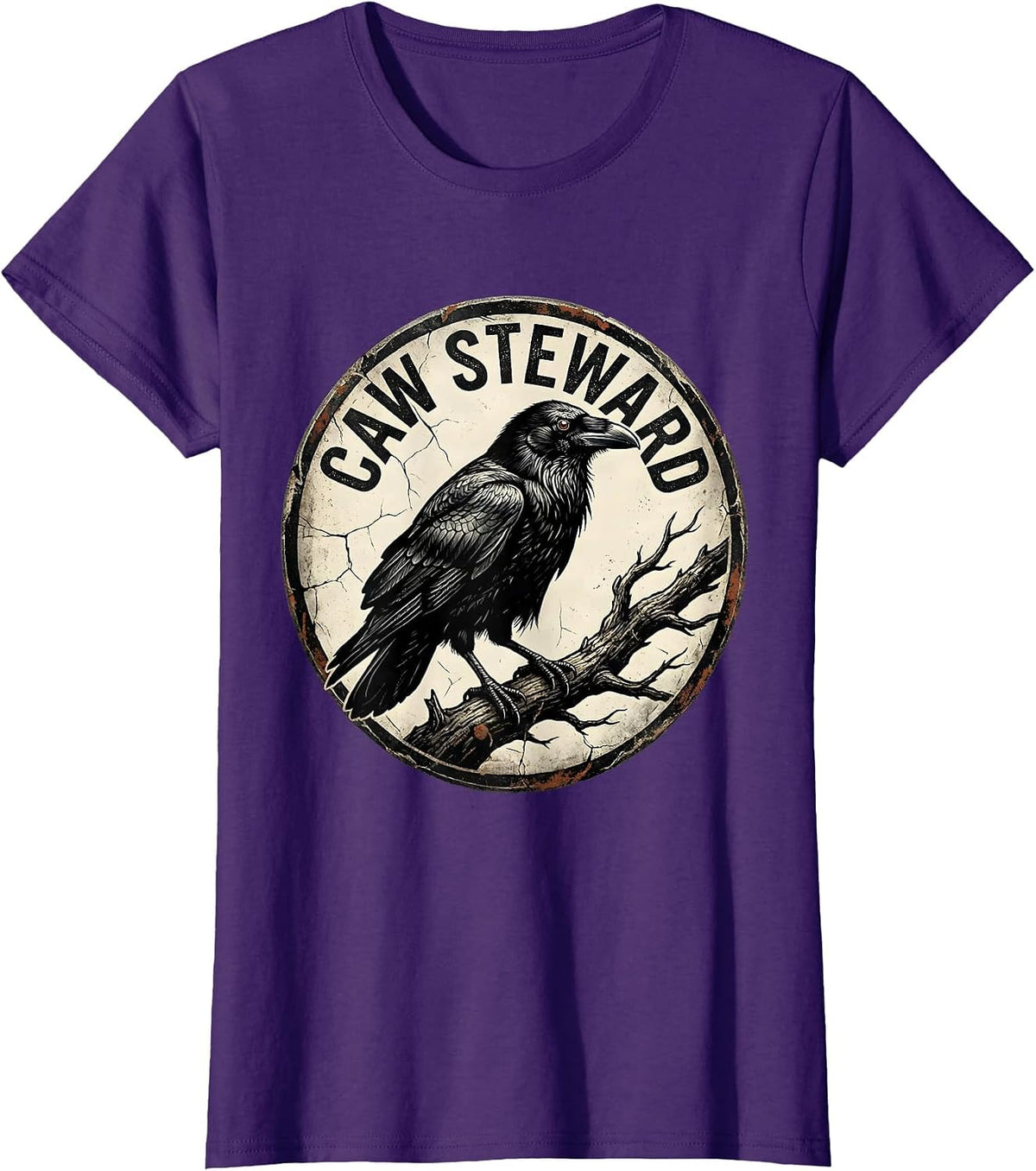 Women's Caw Steward Distressed Crow Bird Gothic Nature Enthusiast T-Shirt - Purple