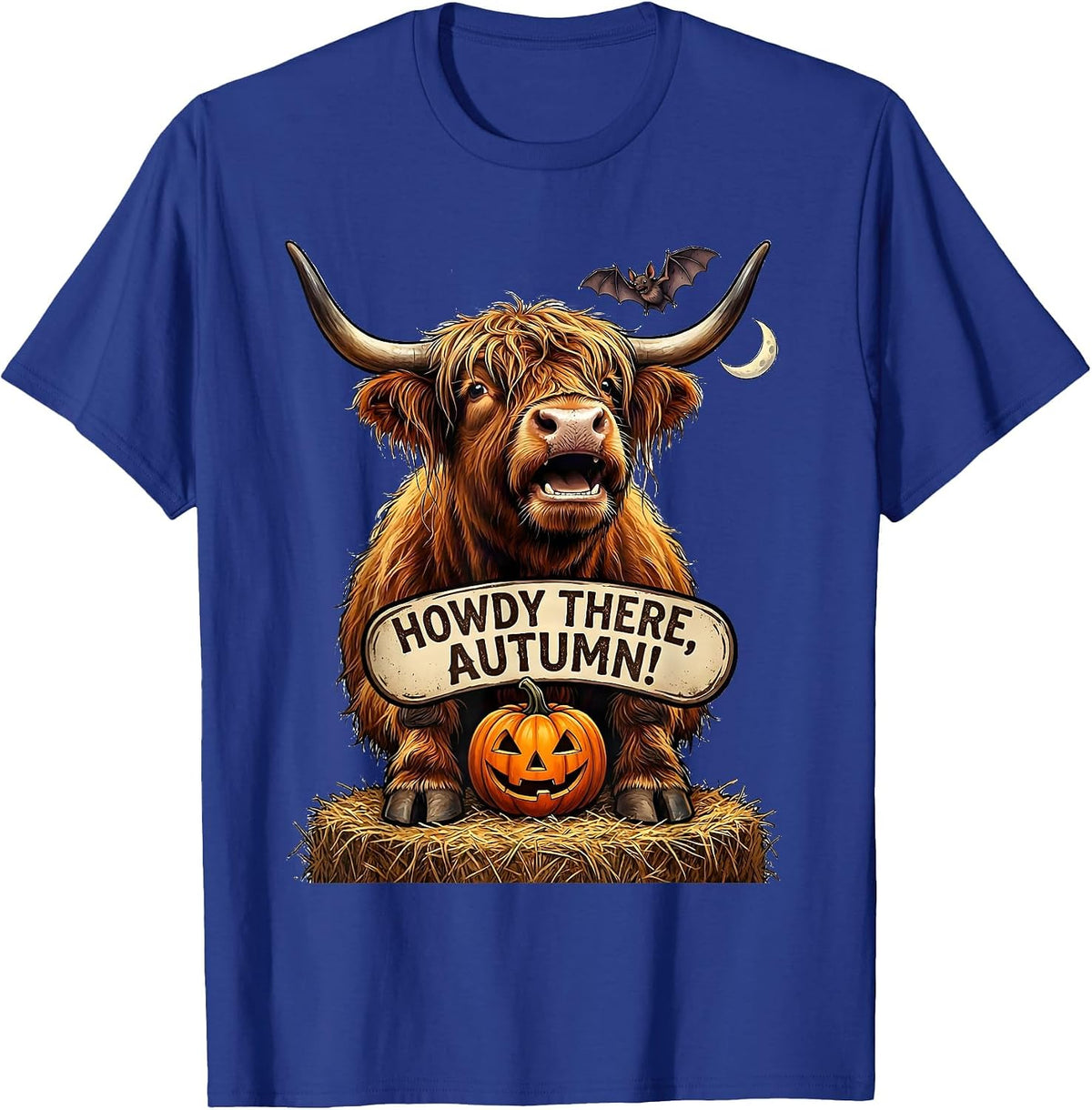 Men's Howdy There Autumn Cartoon Highland Cow Funny Fall Halloween T-Shirt - Royal Blue