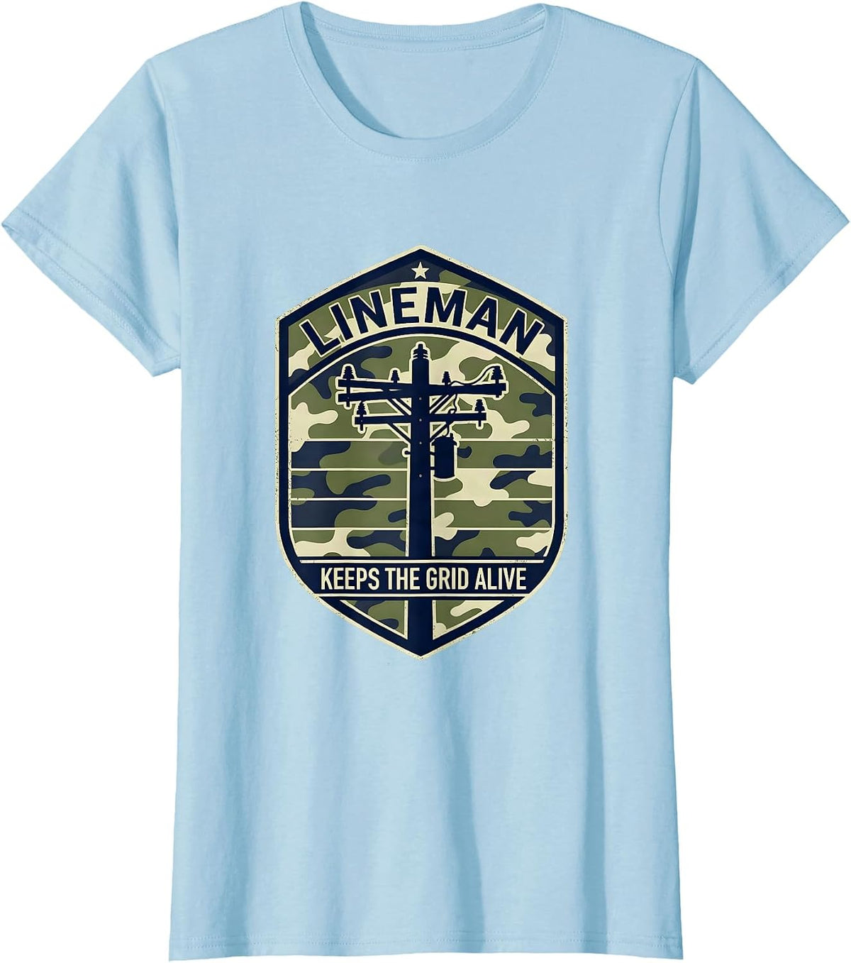 Women's Lineman Keeps The Grid Alive Patriotic Camo Military Veteran T-Shirt - Baby Blue