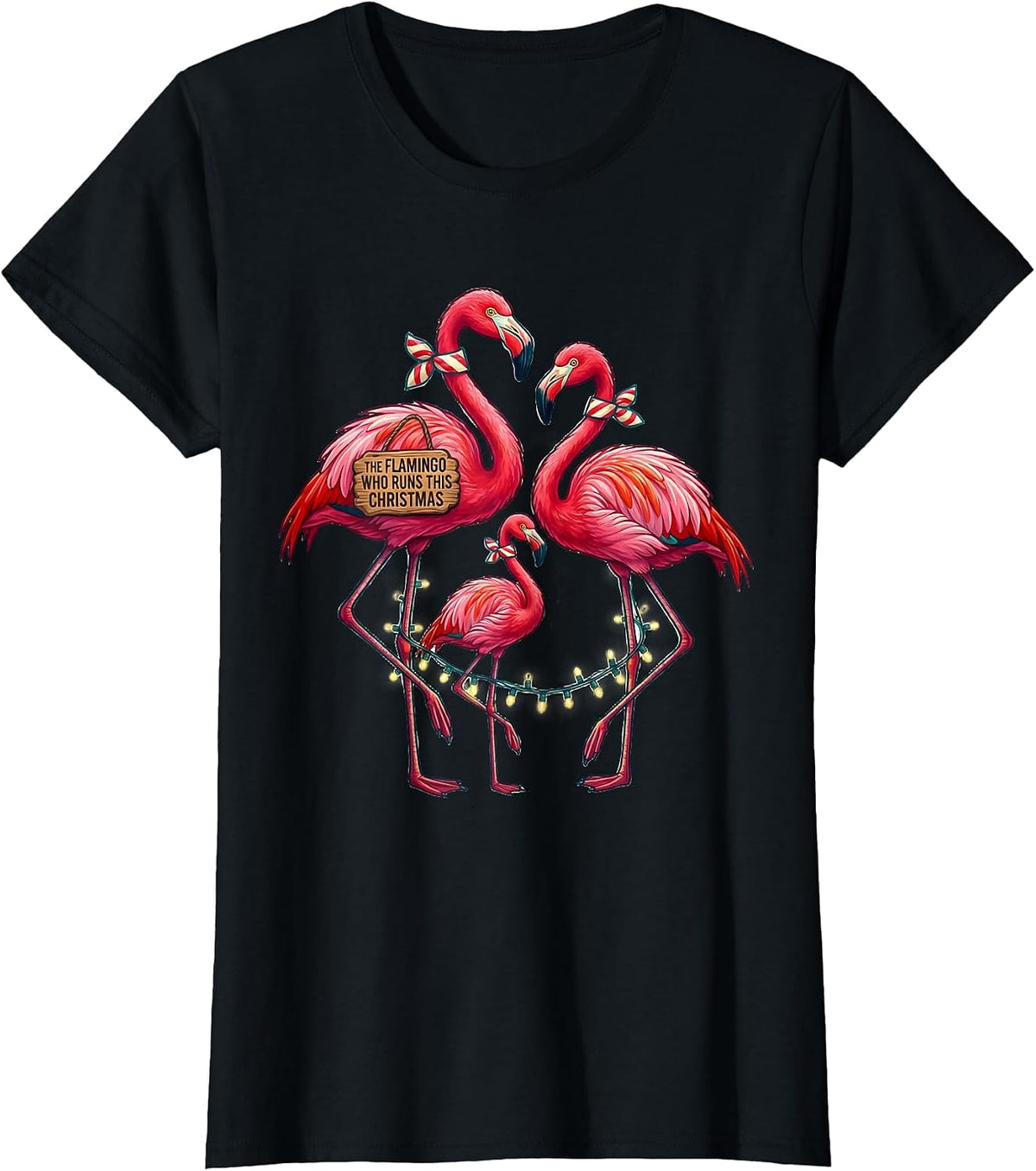Women's The Flamingo Who Runs This Christmas Funny Pink Flamingo T-Shirt - Black