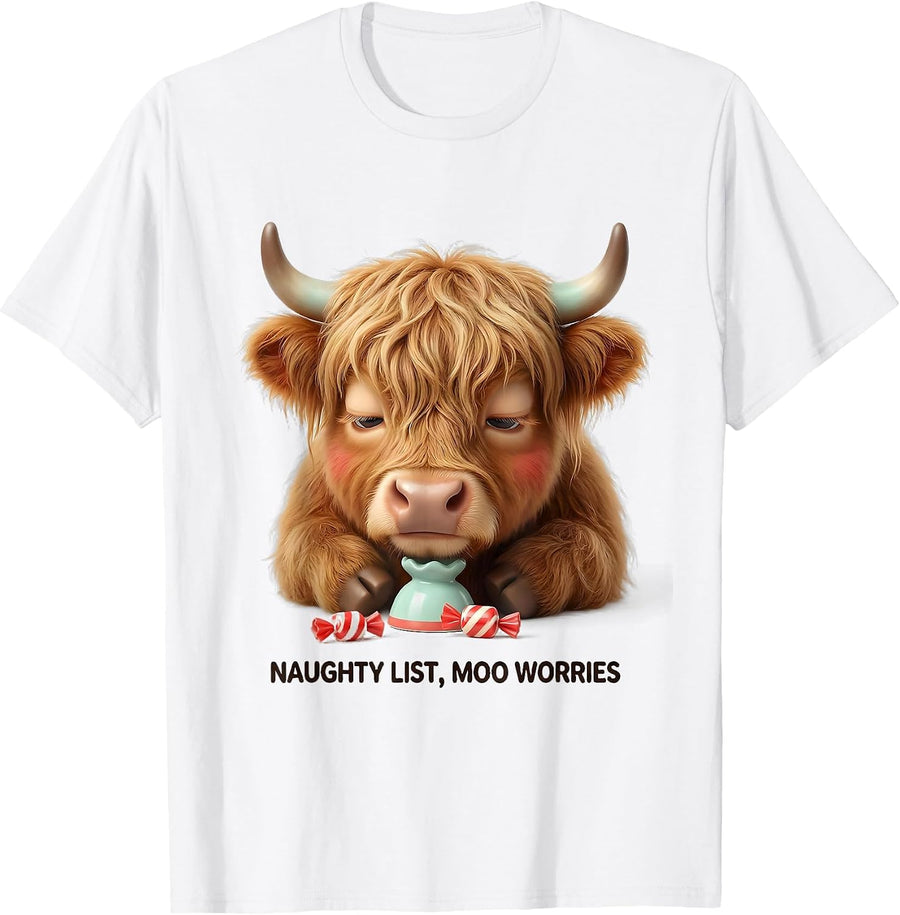 Naughty List Moo Worries Cute Kawaii Highland Cow Christmas T-Shirt - White