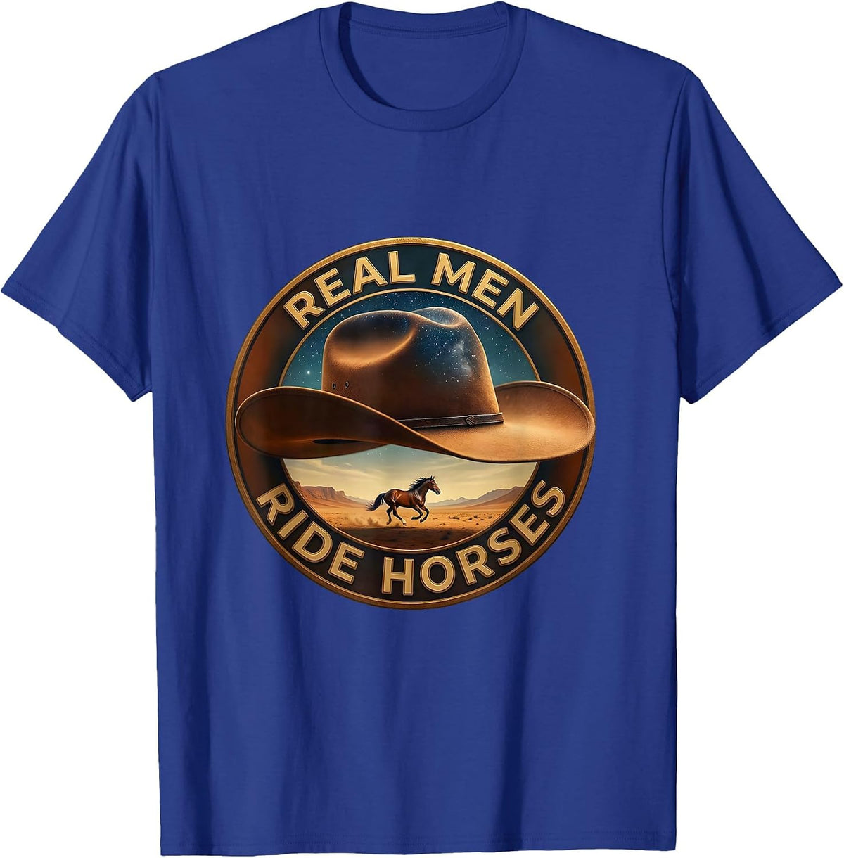 Men's Real Men Ride Horses Cowboy Graphic Design T-Shirt - Royal Blue