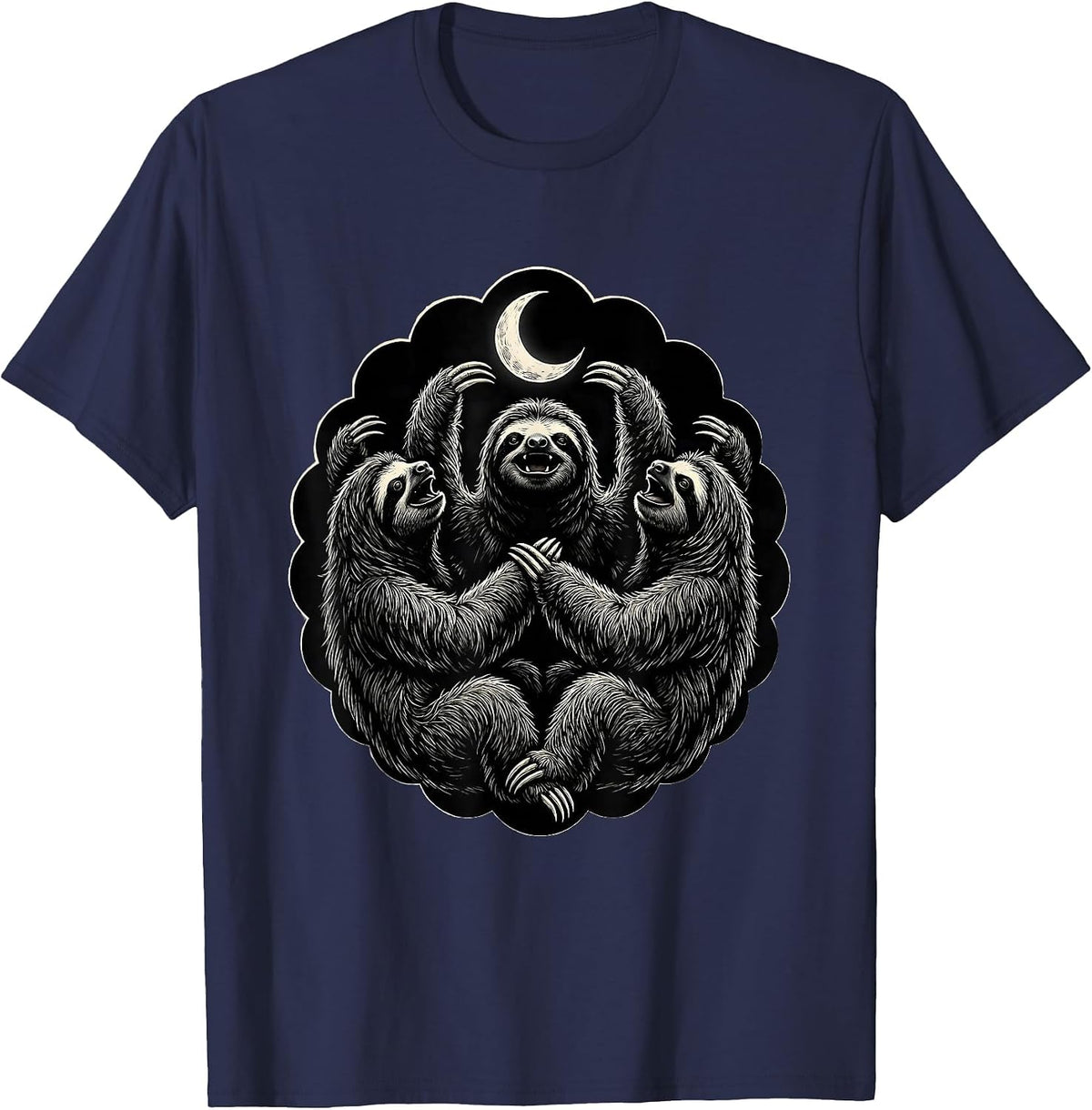 Three Sloth Moon Howling Meme Absurd Humor T-Shirt - Navy Blue