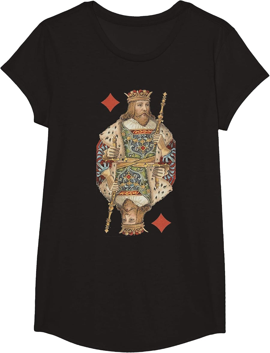 King of Diamonds Antique Art Nouveau Playing Card Art T-Shirt, Girls, Black, Medium - As Pictured