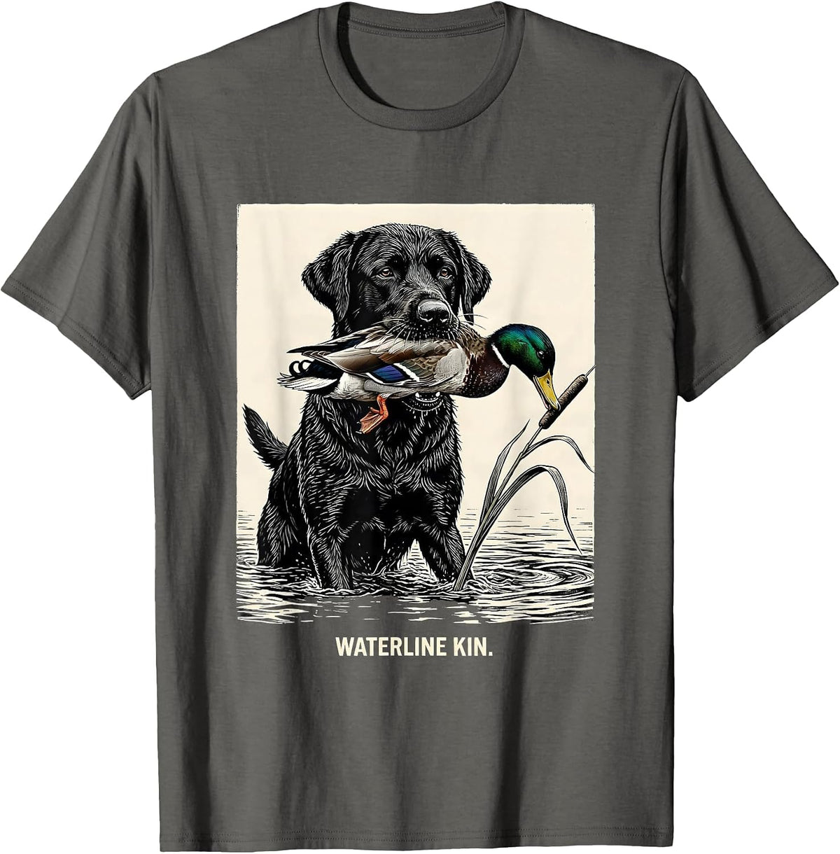 Men's Waterline Kin Scratchboard Black Lab Duck Hunting Youth Boys T-Shirt - Asphalt Grey