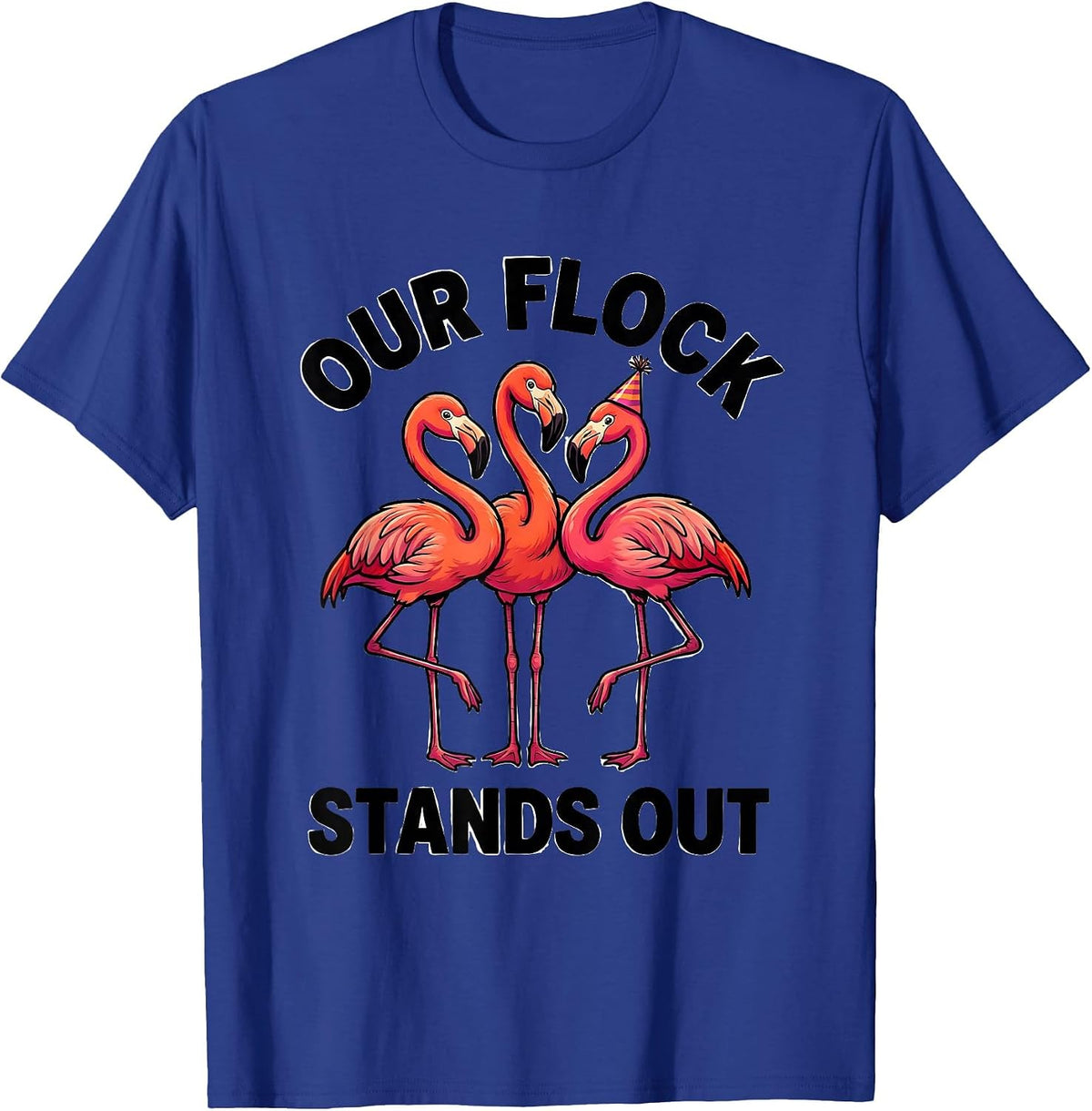 Our Flock Stands Out Cartoon Flamingo Novelty Family T-Shirt - Royal Blue