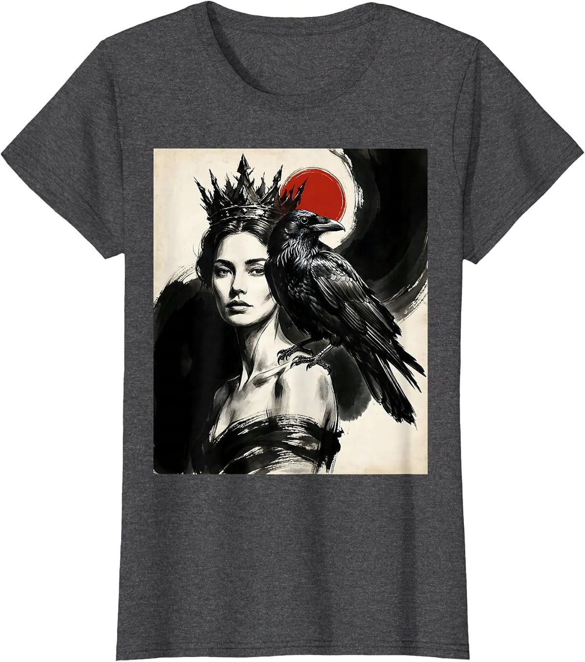 Women's Crowned Woman With Crow On Shoulder Illustration T-Shirt - Dark Heather Grey