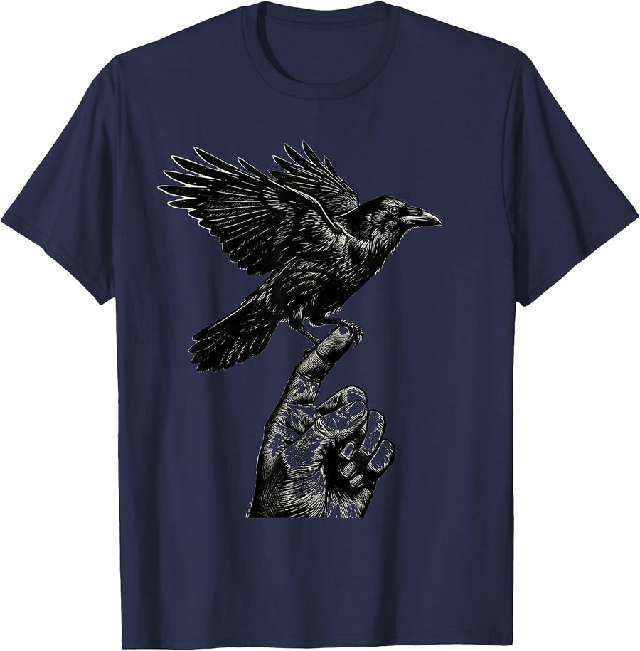 Crow Perched on Raised Fist Illustration T-Shirt - Navy Blue