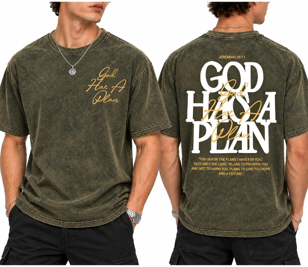 Men's Oversized Christian Graphic T Shirt Vintage God Has A Plan Faith Tee - Army Green