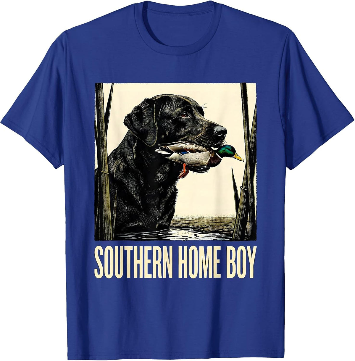 Men's Southern Home Boy Labrador Retriever Hunting Dog Marsh Scene T-Shirt - Royal Blue