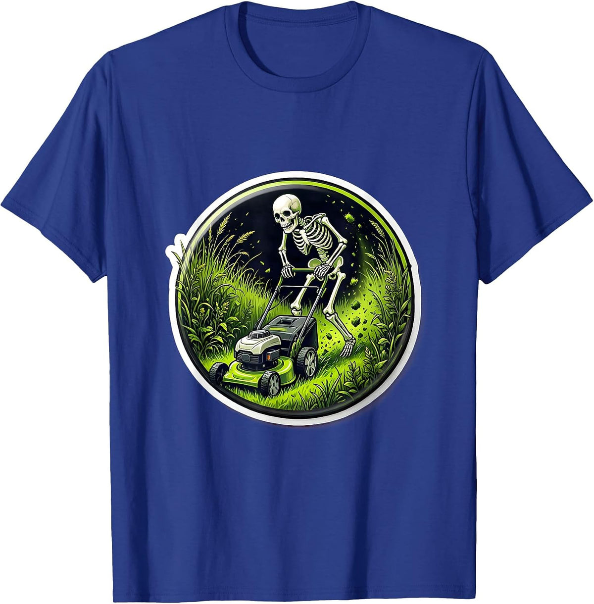 Skeleton Lawn Mowing Overgrown Yard Graphic T-Shirt - Royal Blue