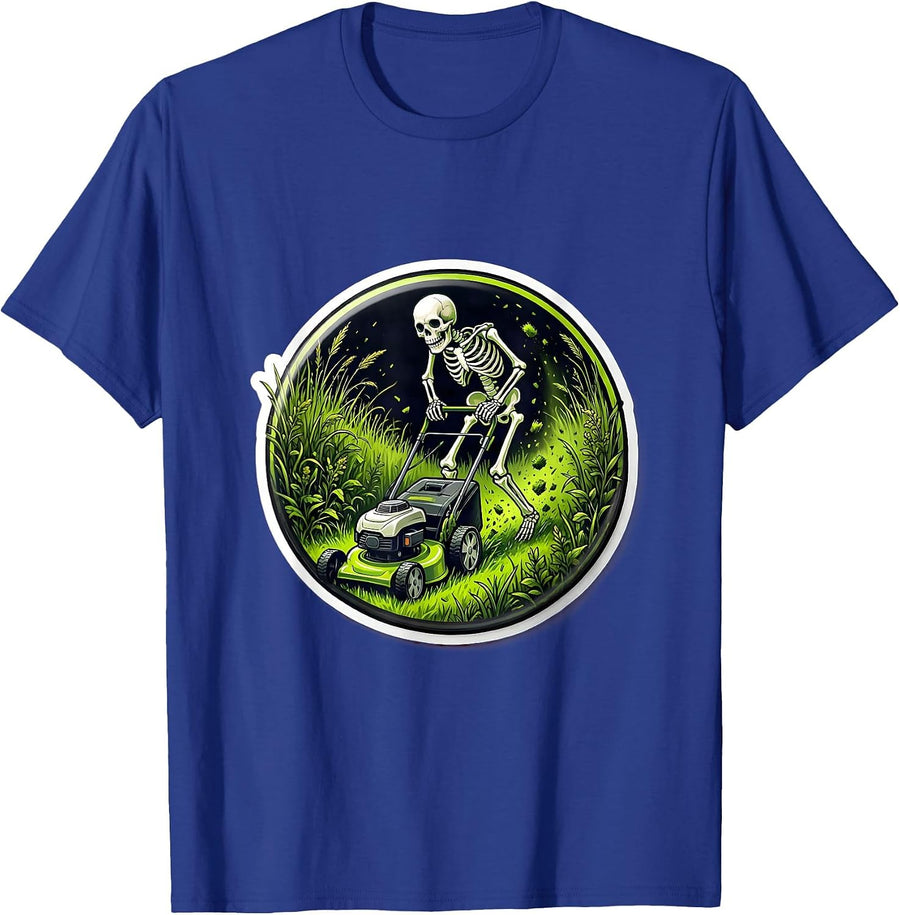 Skeleton Lawn Mowing Overgrown Yard Graphic T-Shirt - Royal Blue