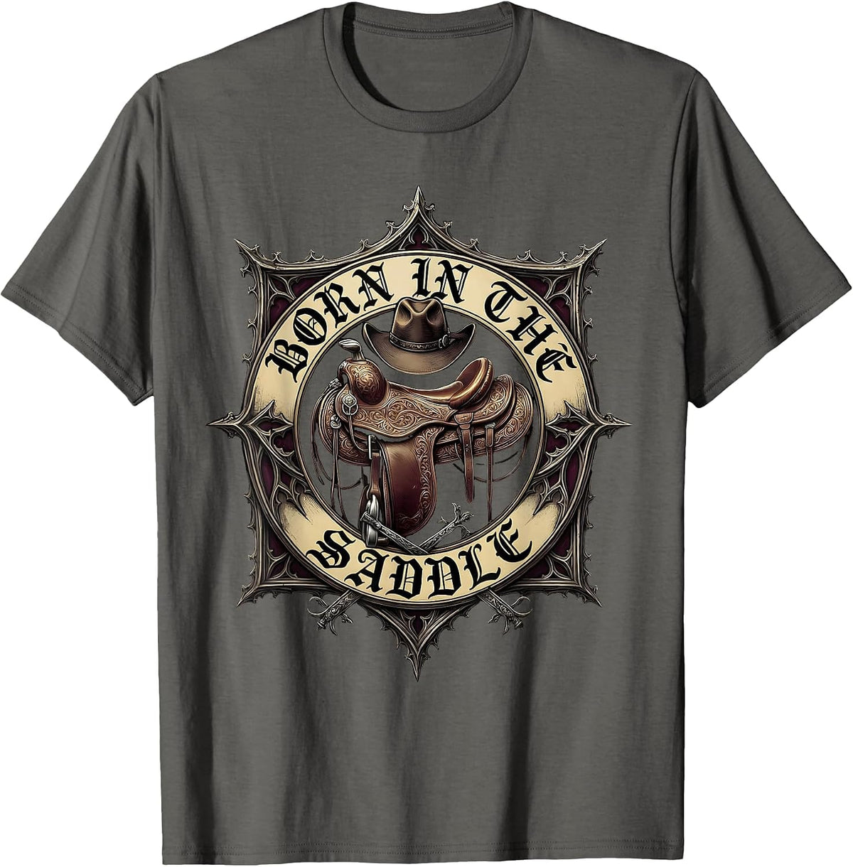 Born in the Saddle Cowgirl Graphic Design T-Shirt - Asphalt Grey