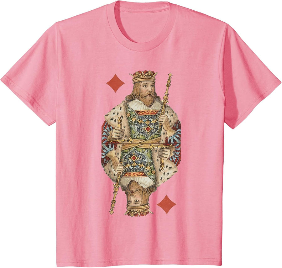 King of Diamonds Antique Art Nouveau Playing Card Art T-Shirt, Youth, Pink, Medium - As Pictured