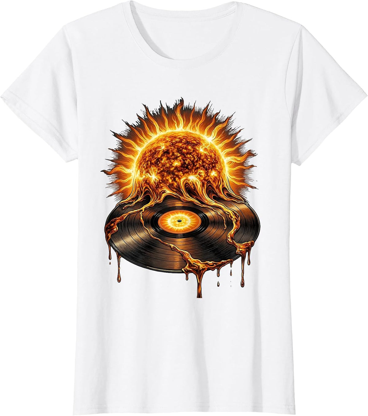 Sun Melting Into Vinyl Record Rock Music Graphic T-Shirt - White