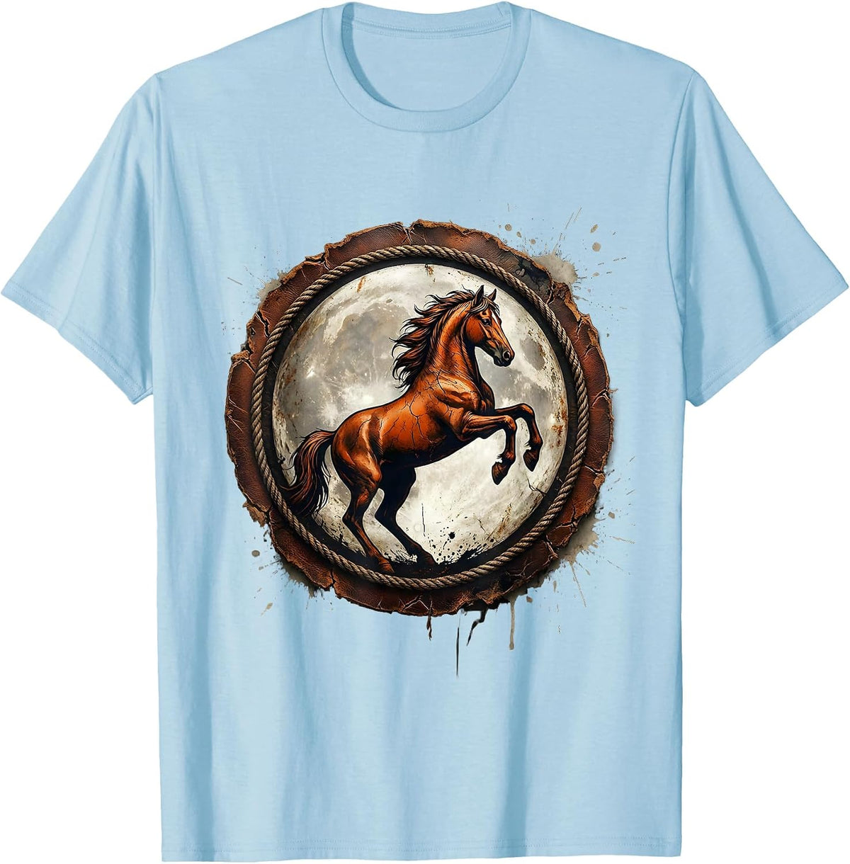 Men's Rearing Horse Full Moon Western Night Sky T-Shirt - Baby Blue