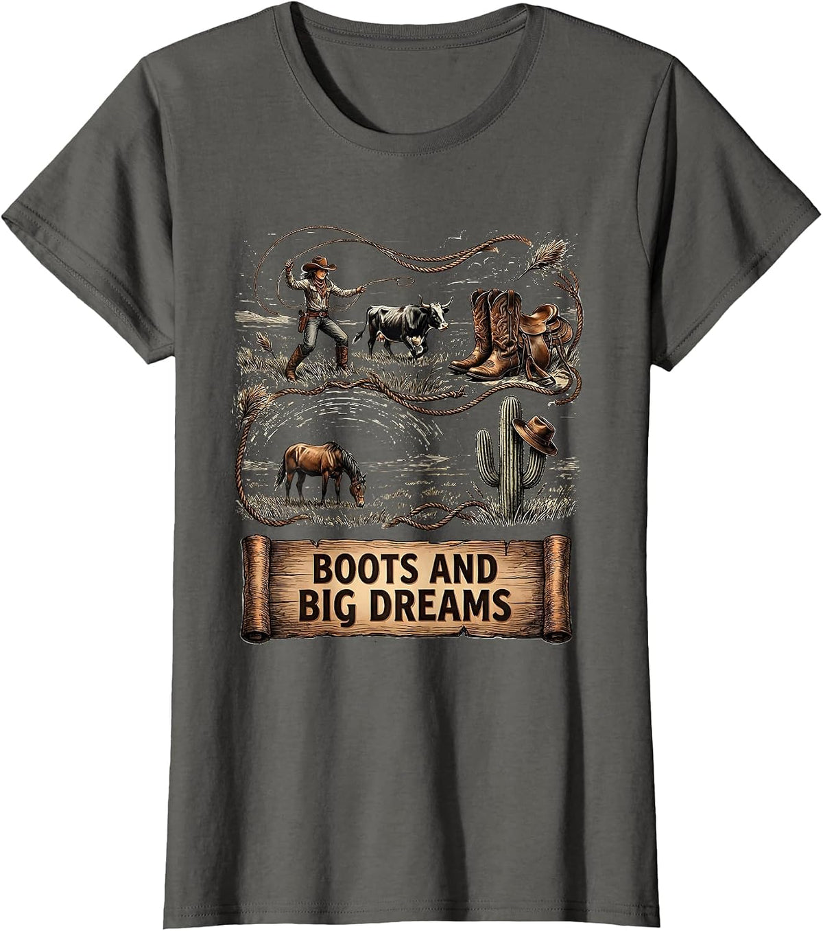 Women's Boots and Big Dreams Cowgirl Graphic Design T-Shirt - Asphalt Grey